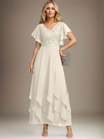 A-line V-Neck Ankle-Length Lace Chiffon Mother of the Bride Dress With Cascading Ruffles