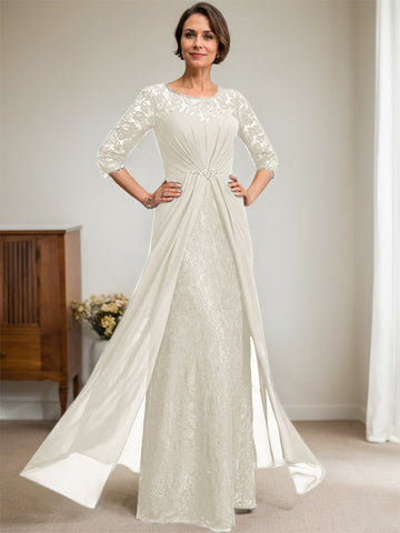 A-Line Scoop Illusion Floor-Length Lace Chiffon Mother Of the Bride Dress With Beading Ruffles