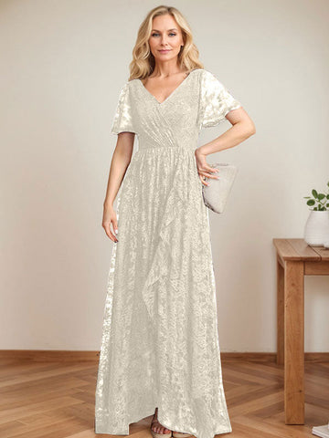 Vestido de novia de encaje asimétrico con escote en V y corte en A para la madre de la novia, con volantes en cascada. 