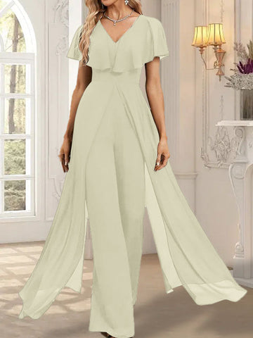 Jumpsuit/Pantsuit V-Neck Floor-Length Chiffon Evening Dress