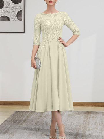 A-line Scoop Illusion Tea-Length Chiffon Lace Mother of the Bride Dress With Beading Sequins