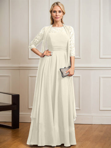 A-line Scoop Illusion Floor-Length Lace Chiffon Mother of the Bride Dress With Pleated