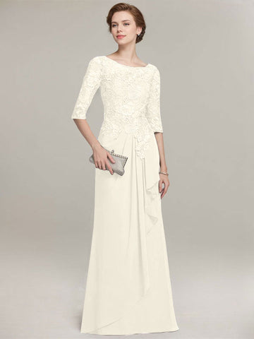 A-line Scoop Illusion Floor-Length Lace Chiffon Mother of the Bride Dress With Cascading Ruffles