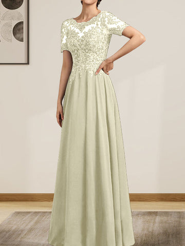 A-line Scoop Illusion Floor-Length Chiffon Lace Mother of the Bride Dress With Sequins Beading