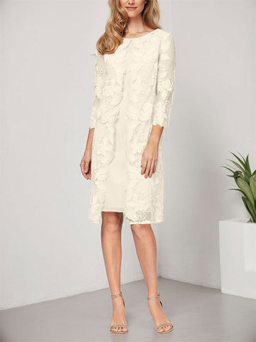 Vestido de corte A, escote redondo, largo hasta la rodilla, de gasa y encaje, para la madre de la novia, con chaqueta. 