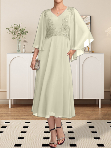 A-line V-Neck Tea-Length Chiffon Lace Mother of the Bride Dress With Beading Sequins