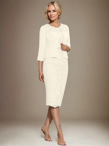 Sheath/Column Scoop Knee-Length Chiffon Lace Mother of the Bride Dress With Beading