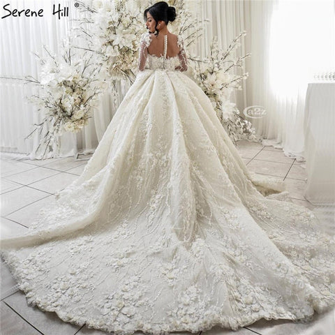 Ivory Long Sleeves Handmade Flowers Wedding Dresses 2025 Dubai O-Neck Vintage Princess Bridal Gowns HA2263 Custom Made