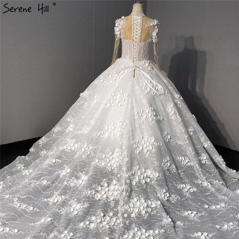 Ivory Long Sleeves Handmade Flowers Wedding Dresses 2025 Dubai O-Neck Vintage Princess Bridal Gowns HA2263 Custom Made