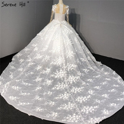 Ivory Long Sleeves Handmade Flowers Wedding Dresses 2025 Dubai O-Neck Vintage Princess Bridal Gowns HA2263 Custom Made