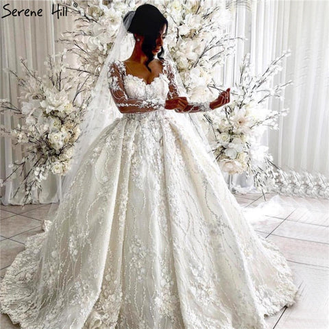 Ivory Long Sleeves Handmade Flowers Wedding Dresses 2025 Dubai O-Neck Vintage Princess Bridal Gowns HA2263 Custom Made