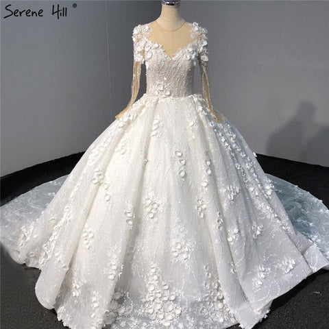 Ivory Long Sleeves Handmade Flowers Wedding Dresses 2025 Dubai O-Neck Vintage Princess Bridal Gowns HA2263 Custom Made