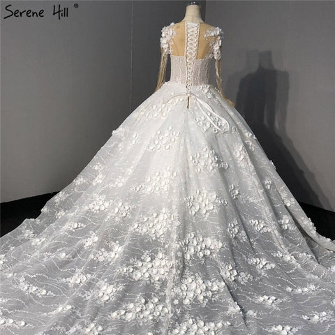 Ivory Long Sleeves Handmade Flowers Wedding Dresses 2025 Dubai O-Neck Vintage Princess Bridal Gowns HA2263 Custom Made