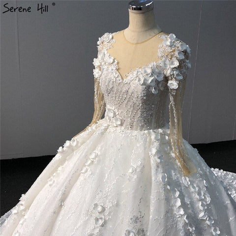 Ivory Long Sleeves Handmade Flowers Wedding Dresses 2025 Dubai O-Neck Vintage Princess Bridal Gowns HA2263 Custom Made