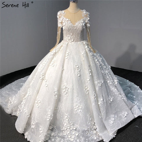 Ivory Long Sleeves Handmade Flowers Wedding Dresses 2025 Dubai O-Neck Vintage Princess Bridal Gowns HA2263 Custom Made