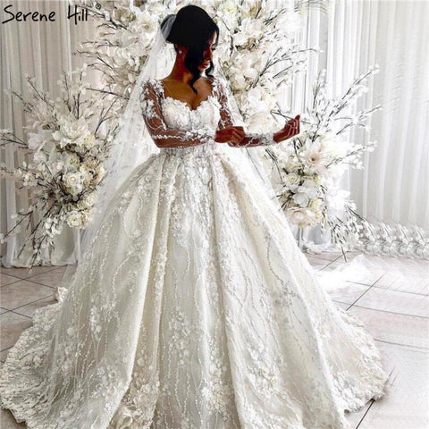 Ivory Long Sleeves Handmade Flowers Wedding Dresses 2025 Dubai O-Neck Vintage Princess Bridal Gowns HA2263 Custom Made