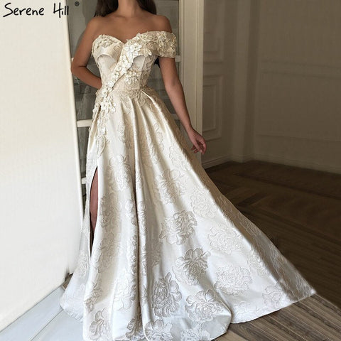 On Sale No Return No Refund  Sale Ivory One Shoulder Sexy Evening Dresses Long 2025 Dubai Handmade Flowers Diamonds Formal Dress LA60947