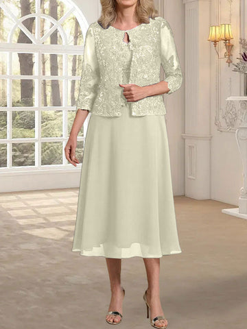 A-line Scoop Tea-Length Lace Chiffon Mother of the Bride Dress With Sequins