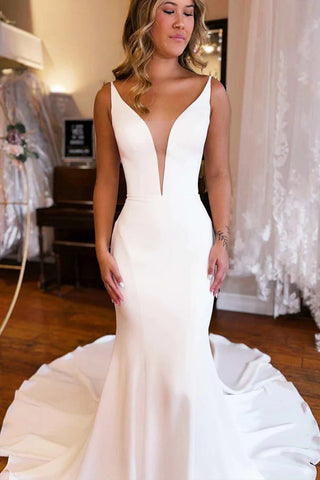 Plunge V Backless Long Mermaid Wedding Dress WD724