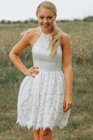 Robes de bal courtes en dentelle, coupe trapèze, dos nu et décolleté licou, robes de soirée courtes