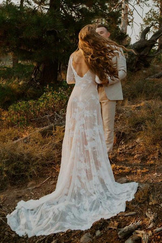Ivory Long Sleeve Rustic Wedding Dresses Backless Sheath Beach Wedding Dress  WD384