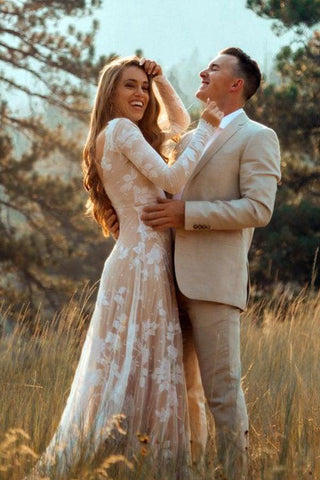 Ivory Long Sleeve Rustic Wedding Dresses Backless Sheath Beach Wedding Dress  WD384