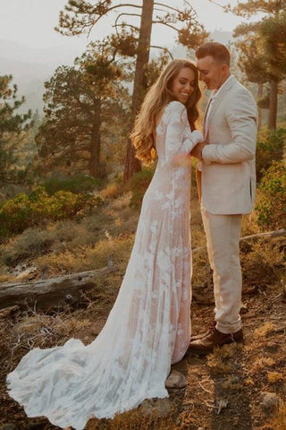 Ivory Long Sleeve Rustic Wedding Dresses Backless Sheath Beach Wedding Dress  WD384