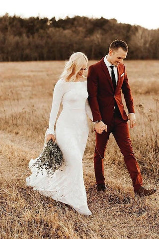 Ivory Long Sleeve Rustic Wedding Dresses Backless Sheath Beach Wedding Dress  WD384