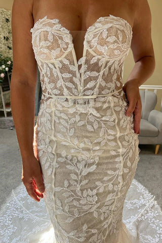 Ivory Lace Strapless Mermaid Wedding Dress Lace Bridal Gown WD707