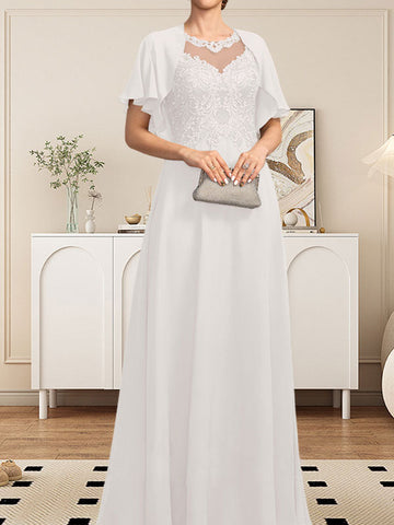 A-line Scoop Illusion Floor-Length Lace Chiffon Mother of the Bride Dress With Sequins
