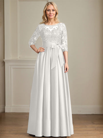 A-line Scoop Illusion Floor-Length Satin Lace Mother of the Bride Dress With Sequins Bow