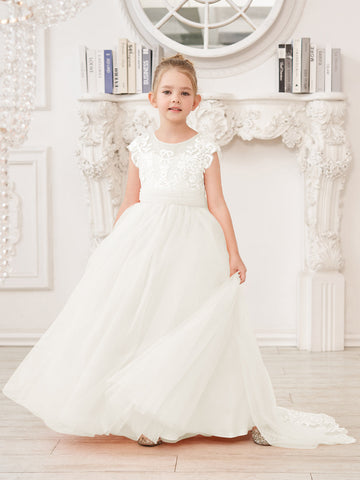 A-line Lace Tulle Sweep Train Pink Flower Girl Dress