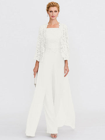 3 Piece Chiffon Square Neck Mother of the Bride Pantsuits with Jacket