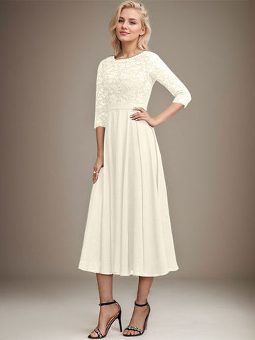 A-line Scoop Tea-Length Lace Chiffon Mother of the Bride Dress With Sequins