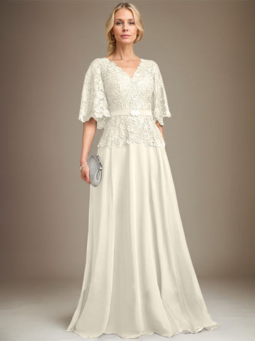 A-line V-Neck Floor-Length Chiffon Lace Mother of the Bride Dress With Crystal Brooch Rhinestone