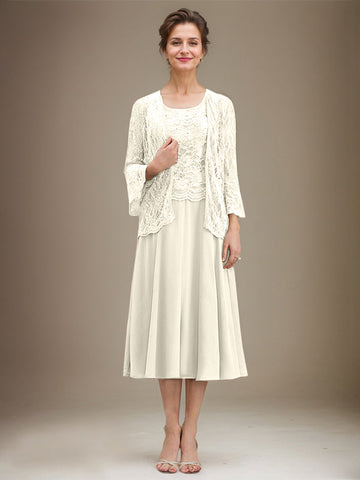 A-line Scoop Tea-Length Lace Chiffon Mother of the Bride Dress With Sequins