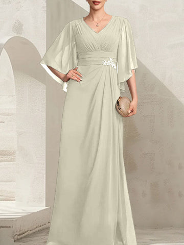 Sheath/Column V-Neck Floor-Length Chiffon Mother of the Bride Dress With Pleated Sequins Beading