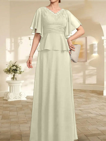 A-line V-Neck Floor-Length Chiffon Mother of the Bride Dress With Pleated Beading