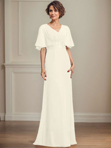 A-line V-Neck Floor-Length Chiffon Mother of the Bride Dress With Pleated Sequins Appliques Lace