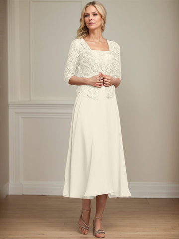 A-line Square Tea-Length Chiffon Lace Mother of the Bride Dress With Sequins Beading