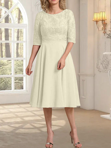 A-line Scoop Knee-Length Lace Chiffon Mother of the Bride Dress