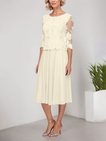 A-line Scoop Tea-Length Lace Chiffon Mother of the Bride Dress With Embroidery