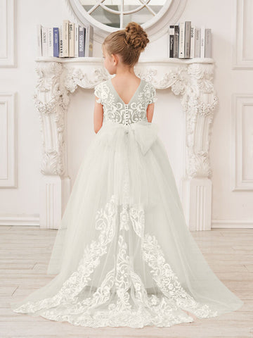 A-line Lace Tulle Sweep Train Pink Flower Girl Dress