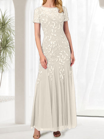 Vestido largo azul de sirena con cuello redondo para la madre de la novia con pedrería