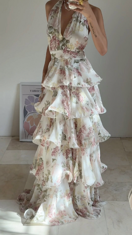 Vestido de fiesta glamuroso de gasa con estampado floral, corte en A, espalda descubierta, escote en V, cuello halter y capas, modelo Y8501