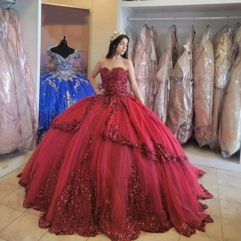 Vestidos rojos de quinceañera con lentejuelas, apliques de cuentas, escote corazón, vestidos de fiesta formales de princesa, vestidos Y4257
