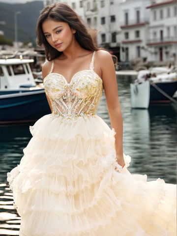 Sheer Bodice Lace Embroidery Layered Ball Gown Prom Dress