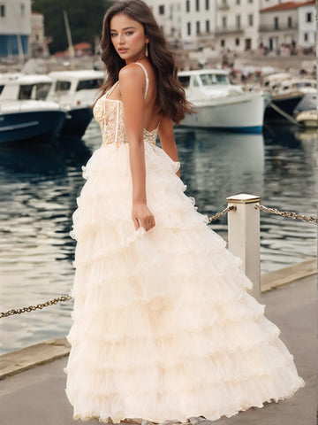 Sheer Bodice Lace Embroidery Layered Ball Gown Prom Dress