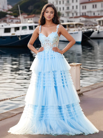 Flower Appliqued Corset Top Lace Layered Tiered Ball Gown Prom Dress