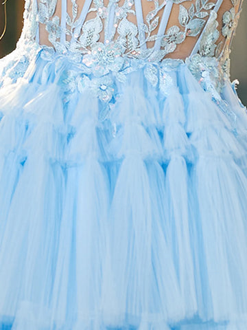 Flower Appliqued Corset Top Lace Layered Tiered Ball Gown Prom Dress